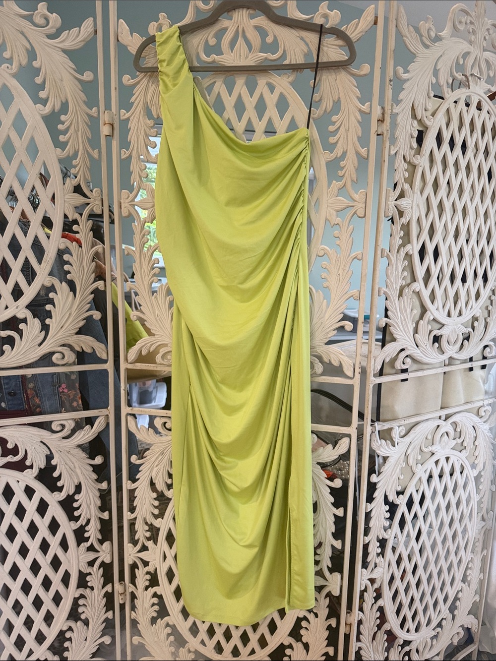 H&M One-Shoulder Draped Dress in Lime